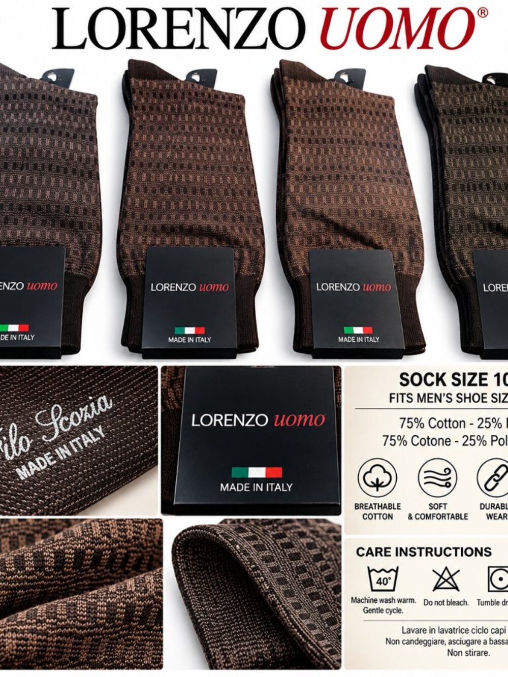 Lorenzo Uomo Filo di Scozia Cotton Dress Socks Men 10-13 4 Pair Made Italy NEW